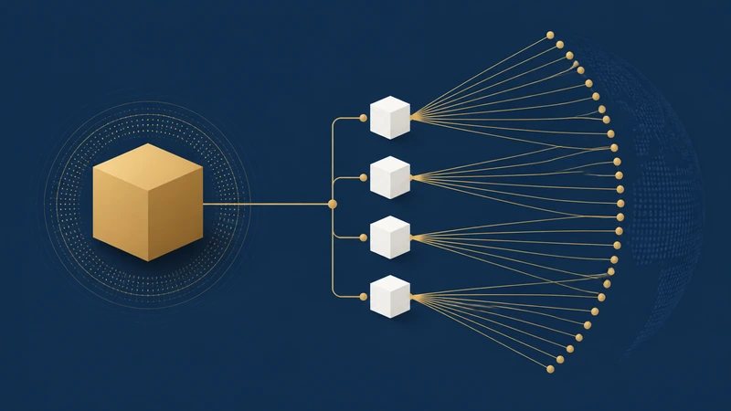 Un bloque grande frente a varios bloques pequeños conectados a más puntos, que evoca el efecto del fraccionamiento sobre el universo de compradores.