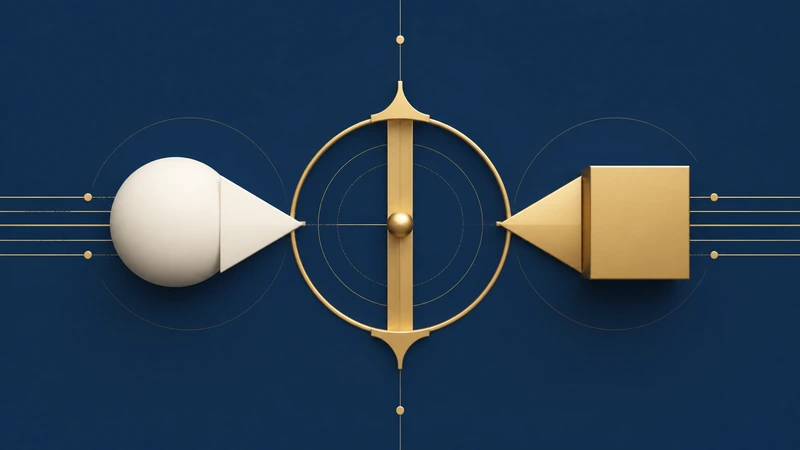 Dos elementos que convergen sobre un umbral dorado que los mantiene en equilibrio, que evoca el intercambio simultáneo en el cierre.