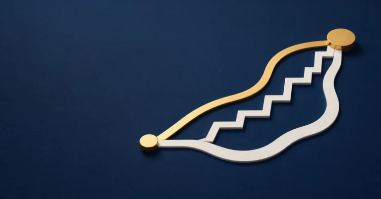 Tres caminos geométricos que divergen desde un mismo origen, en azul marino y dorado, que evocan tres rutas para una misma obligación.