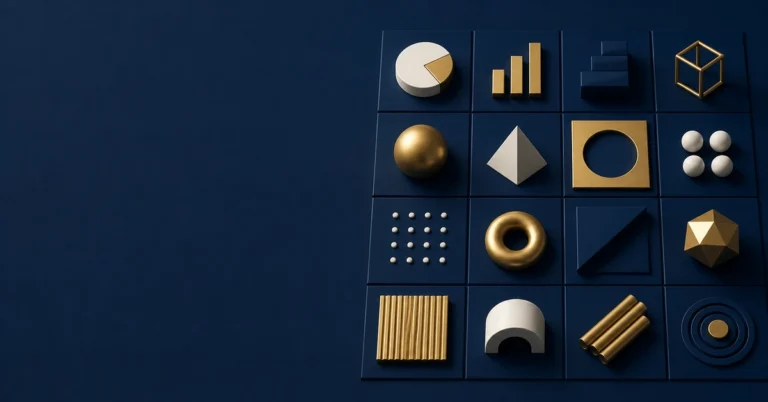 Retícula ordenada de símbolos geométricos en azul marino y dorado, que evoca una referencia estructurada de conceptos.