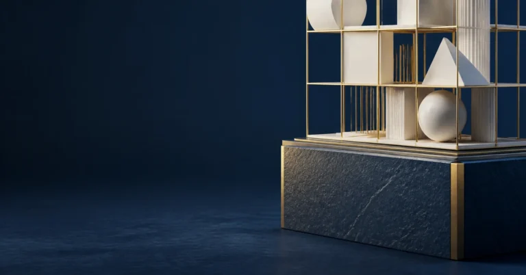 Piedra angular que sostiene una estructura geométrica ordenada, en azul marino y dorado, que evoca un mecanismo apoyado en una base legal firme.